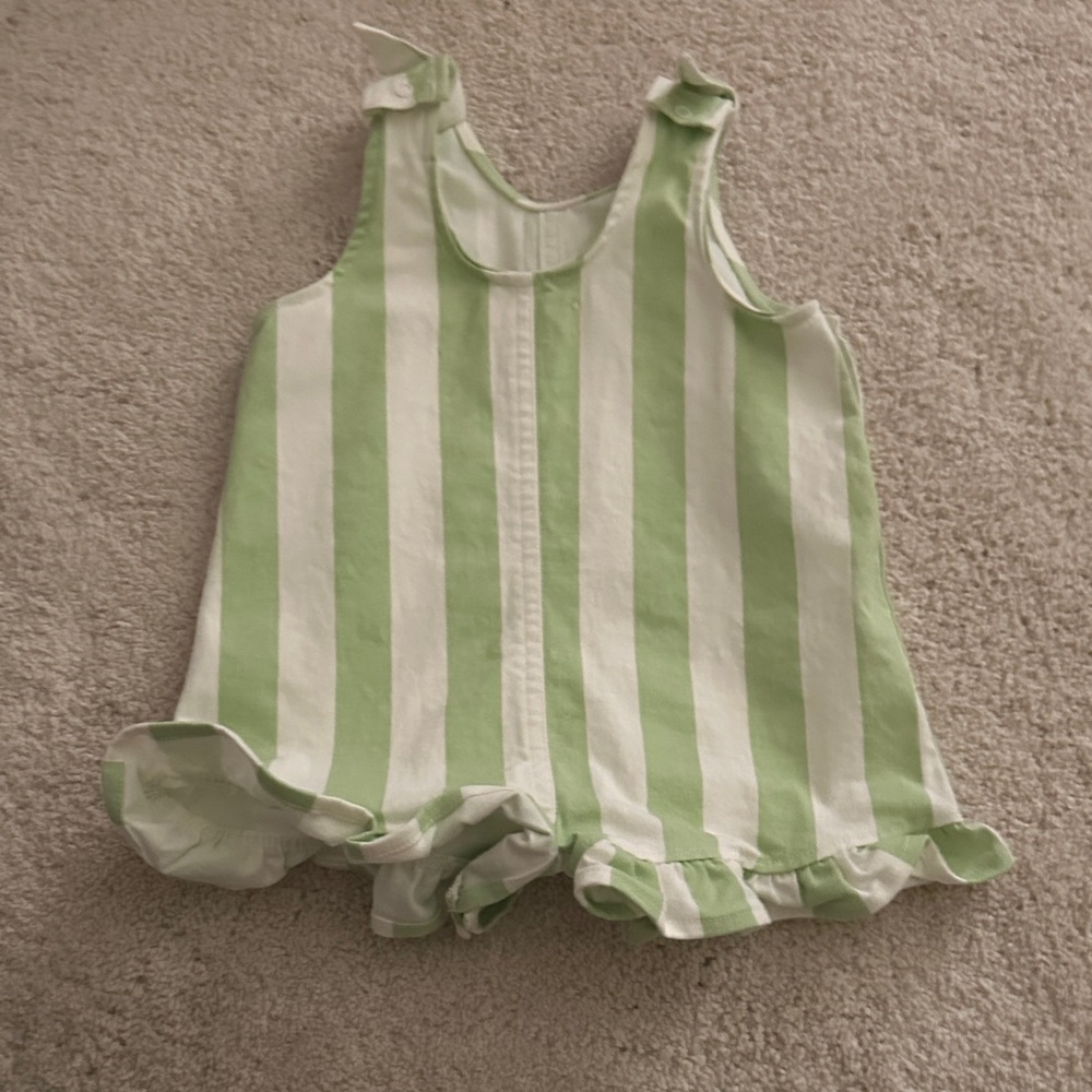 monica and andy Ruffle Tie Romper Green Cabana Stripe 0-6 months
